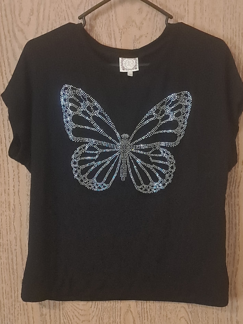 Truself Black Short-Sleeve Tee with Blue Rhinestone Butterfly Large